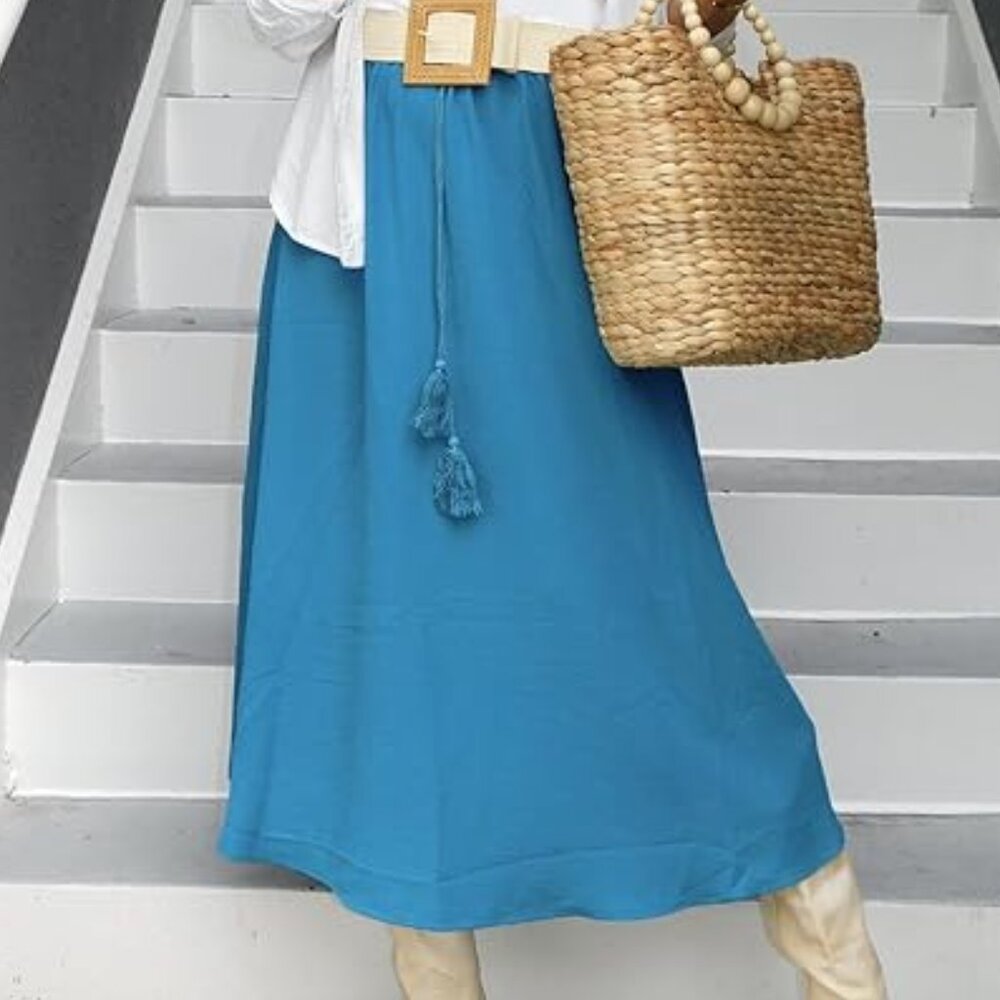 Flowy Pleated Skirt A Line Elastic High Waisted Midi Skirt Boho Casual Long